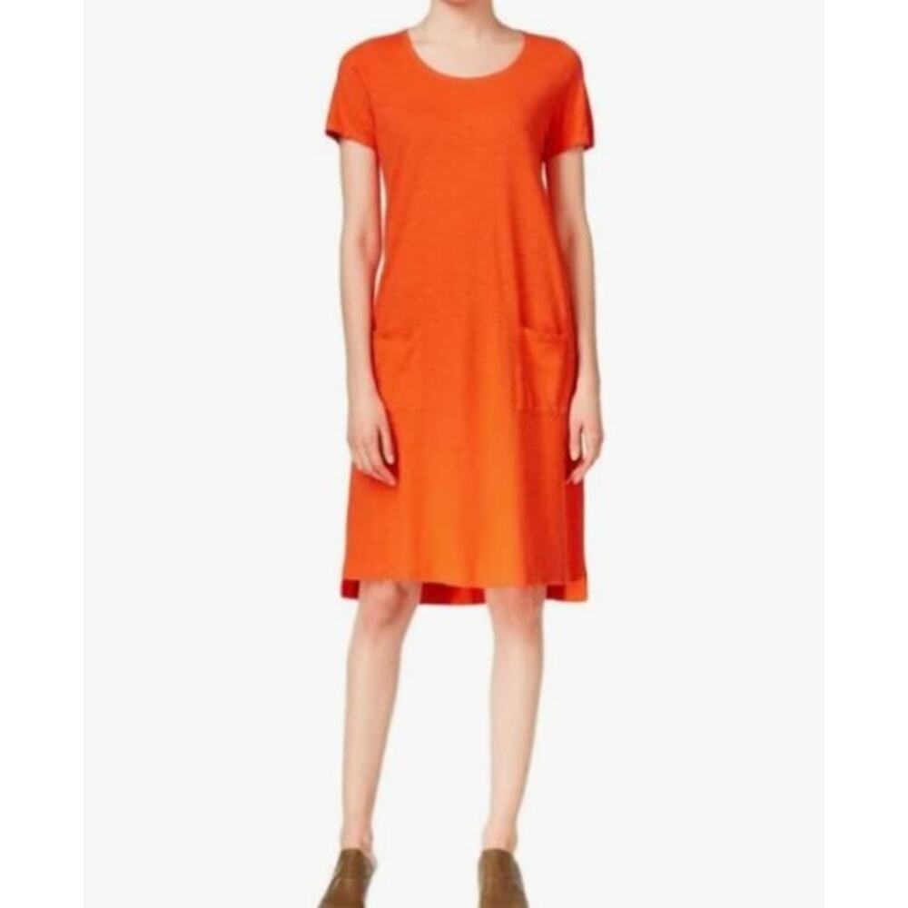 Eileen Fisher Slub Knit Hemp Cotton T-Shirt Dress with Pockets Sunbrust Orange S